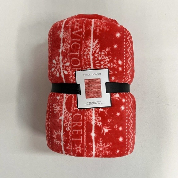 Victoria's Secret Red Holiday Throw Blanket Sherpa Snowflake VS Logo 50x60 - Picture 4 of 8